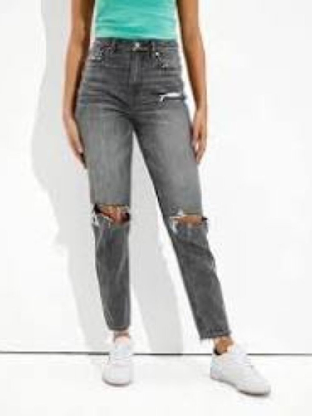 American Eagle Distressed Highest-Rise Mom Jeans, Black/Gray - Size 8